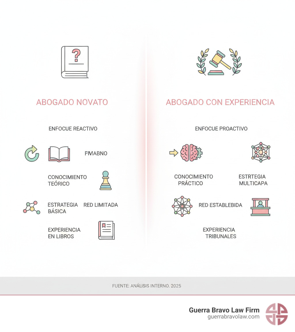 Infografía comparando abogado novato vs abogado con experiencia: enfoque reactivo vs proactivo, conocimiento teórico vs práctico, estrategia básica vs estrategia multicapa, red limitada vs red establecida, experiencia en libros vs experiencia en tribunales - Abogado con experiencia infographic Infografía comparando abogado novato vs abogado con experiencia: enfoque reactivo vs proactivo, conocimiento teórico vs práctico, estrategia básica vs estrategia multicapa, red limitada vs red establecida, experiencia en libros vs experiencia en tribunales - Abogado con experiencia infographic