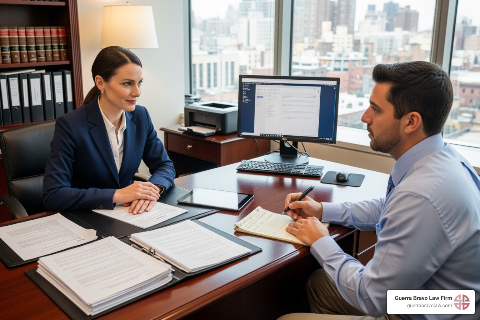 Lawyer advising client on complex immigration case, with documents and computer in background, symbolizing legal assistance for challenging citizenship applications - citizenship application assistance Lawyer advising client on complex immigration case, with documents and computer in background, symbolizing legal assistance for challenging citizenship applications - citizenship application assistance