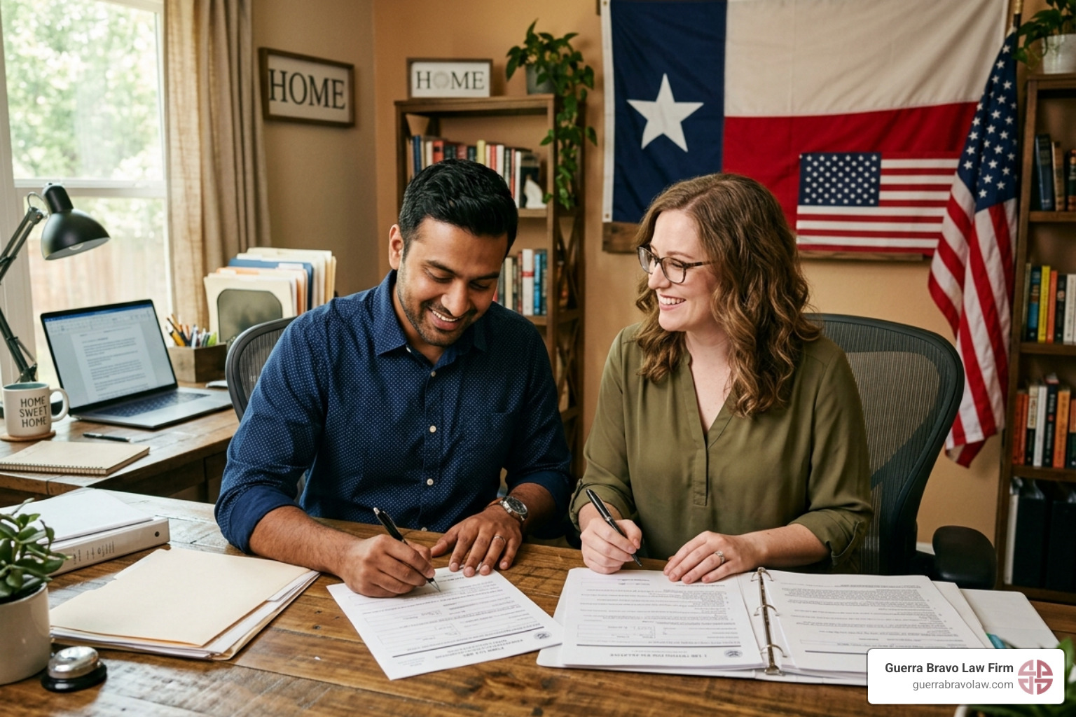 A couple in Texas signing legal documents for their Green Card application - citizenship through marriage texas A couple in Texas signing legal documents for their Green Card application - citizenship through marriage texas