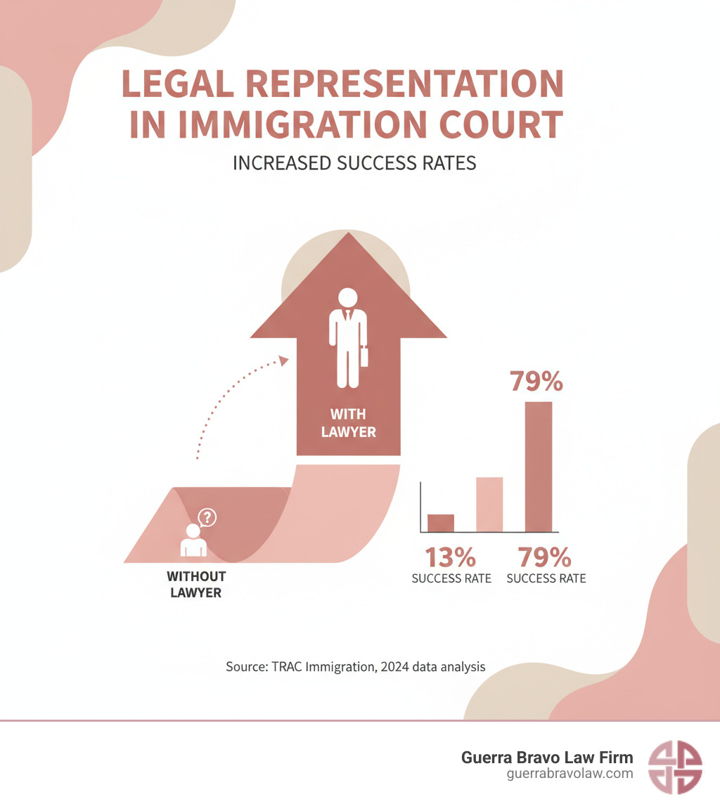 Infographic showing that legal representation significantly increases success rates in immigration court. - deportation defense lawyer infographic
