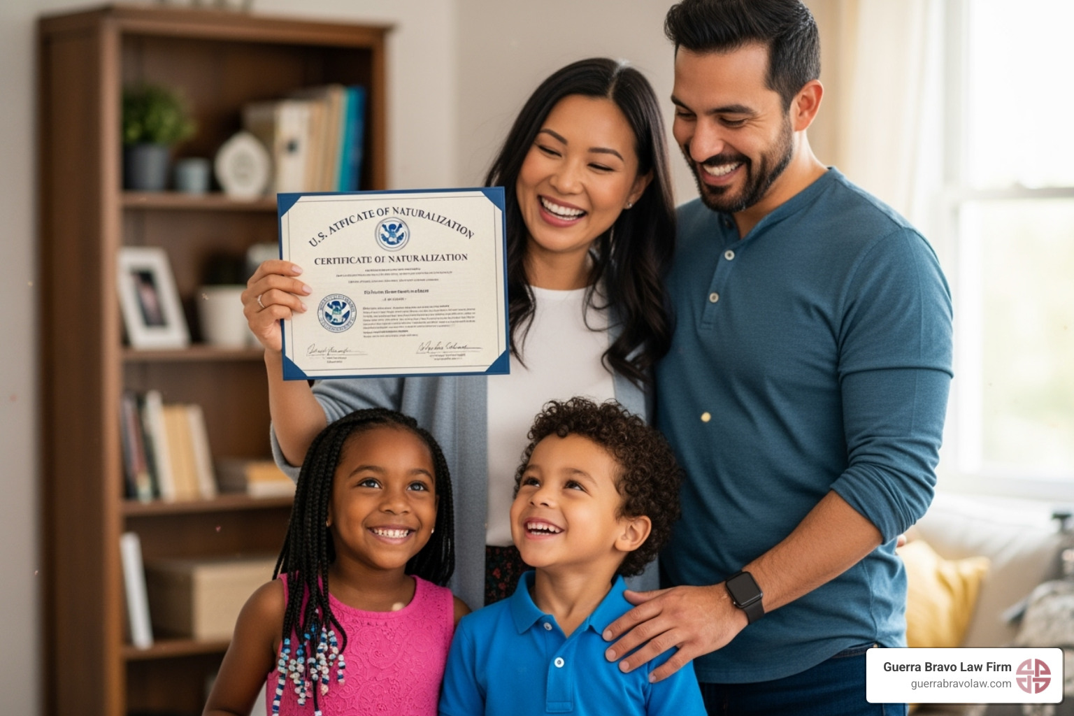 Newly naturalized citizen holding their certificate with their family - expedite citizenship application Newly naturalized citizen holding their certificate with their family - expedite citizenship application