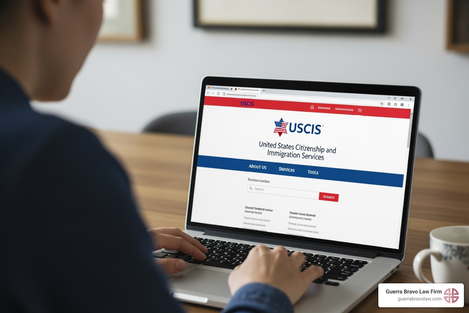 Person on a computer navigating the USCIS website - expedite citizenship application Person on a computer navigating the USCIS website - expedite citizenship application