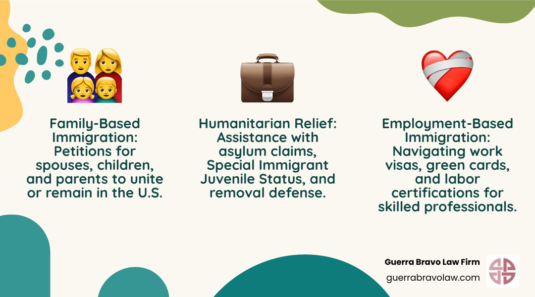 infographic showing three main immigration pathways: Family-Based Immigration (petitions for spouses, children, parents), Employment-Based Immigration (work visas, green cards, labor certifications), and Humanitarian Relief (asylum, Special Immigrant Juvenile Status, removal defense) - Experienced immigration lawyer infographic