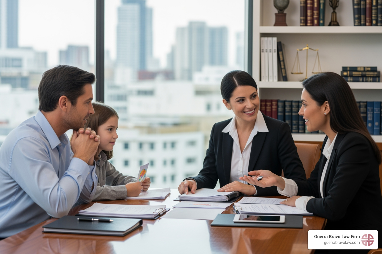 A lawyer consulting with a family, reviewing documents and offering reassurance - Family immigration lawyer A lawyer consulting with a family, reviewing documents and offering reassurance - Family immigration lawyer