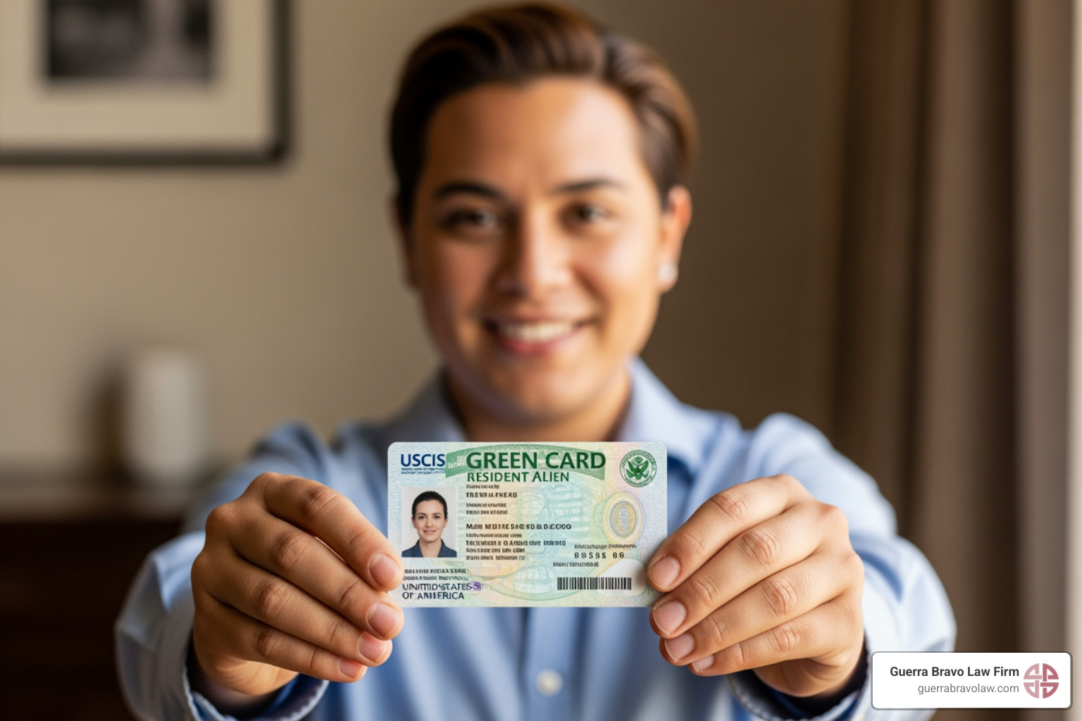 A person proudly holding their newly issued Green Card - Family immigration lawyer A person proudly holding their newly issued Green Card - Family immigration lawyer