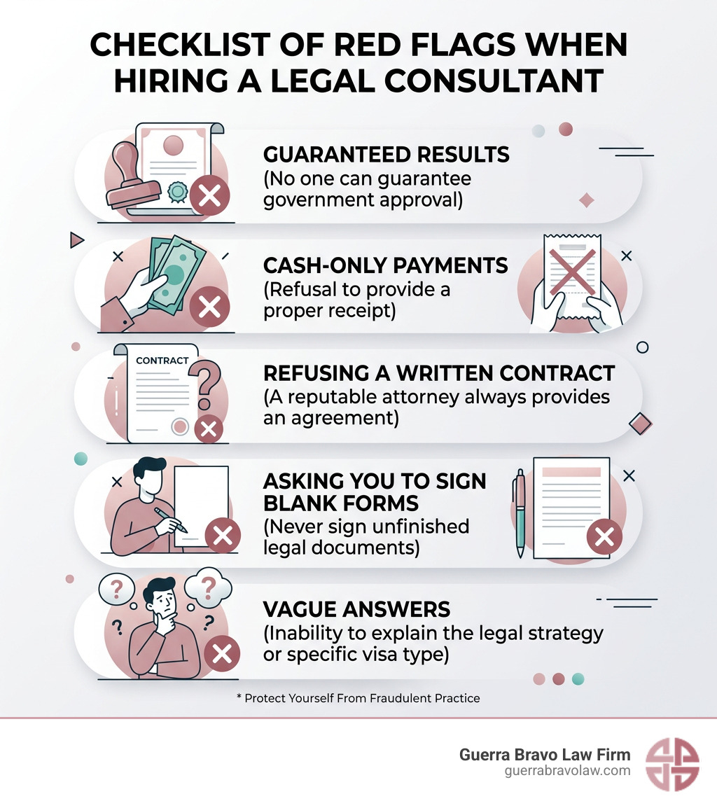 Checklist of red flags when hiring a legal consultant - find immigration attorney infographic