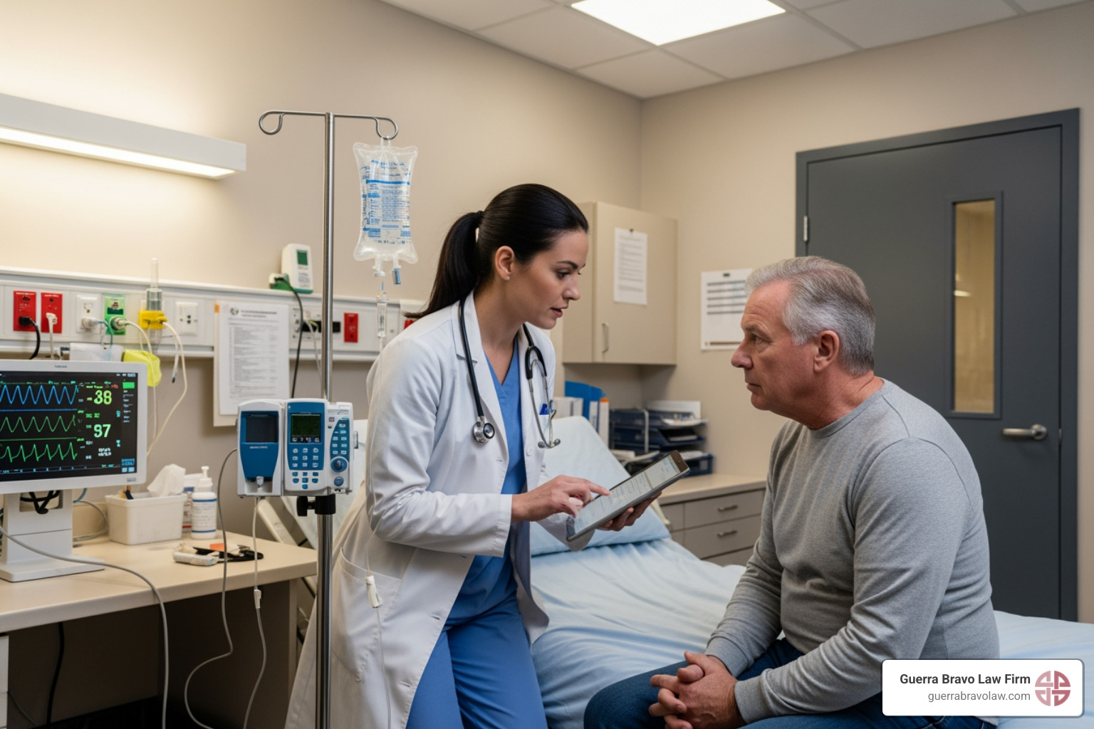 A doctor consulting with a patient in a sterile environment, representing medical emergencies. - Humanitarian parole lawyer A doctor consulting with a patient in a sterile environment, representing medical emergencies. - Humanitarian parole lawyer