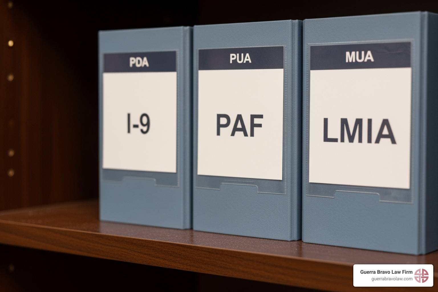 organized files labeled "I-9," "PAF," and "LMIA." - immigration law compliance