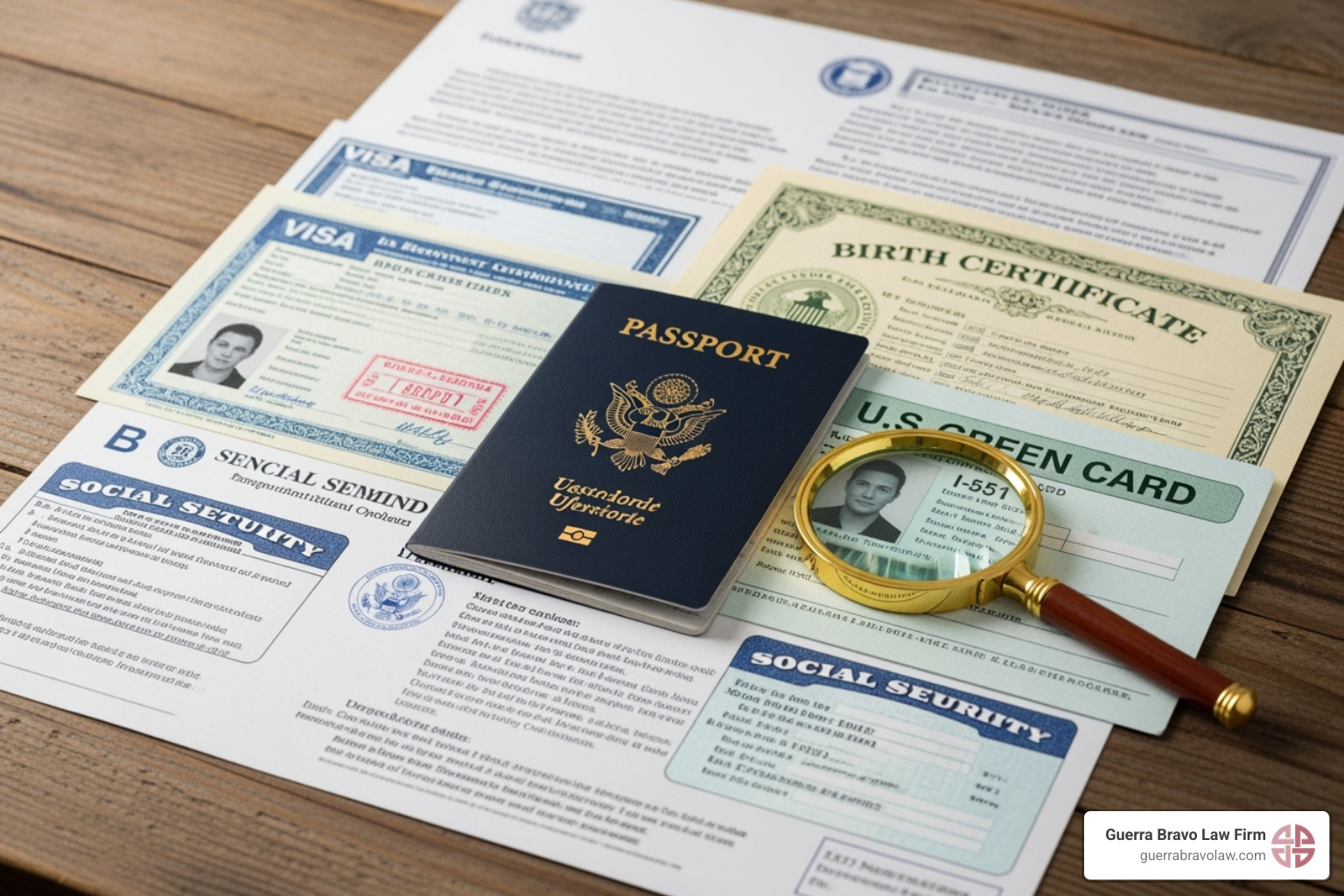 A graphic showing various immigration documents, such as passports, green cards, and birth certificates, with a magnifying glass over them, symbolizing the need for accurate documentation - how much does a lawyer charge to apply for citizenship A graphic showing various immigration documents, such as passports, green cards, and birth certificates, with a magnifying glass over them, symbolizing the need for accurate documentation - how much does a lawyer charge to apply for citizenship