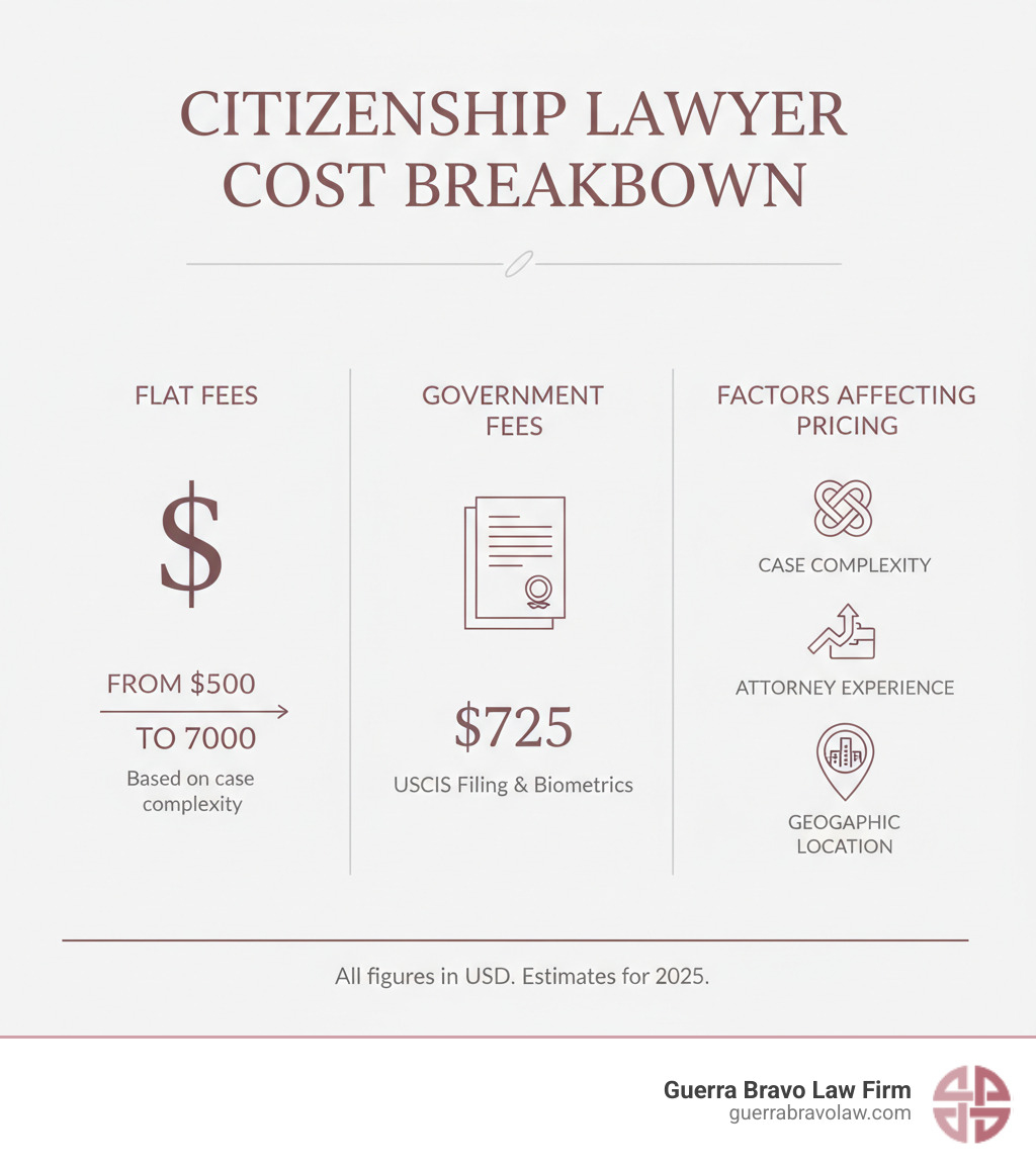 Citizenship lawyer cost breakdown showing flat fees ranging from $500-$7000, government fees of $725, and factors affecting pricing including case complexity, attorney experience, and geographic location - how much does a lawyer charge to apply for citizenship infographic Citizenship lawyer cost breakdown showing flat fees ranging from $500-$7000, government fees of $725, and factors affecting pricing including case complexity, attorney experience, and geographic location - how much does a lawyer charge to apply for citizenship infographic