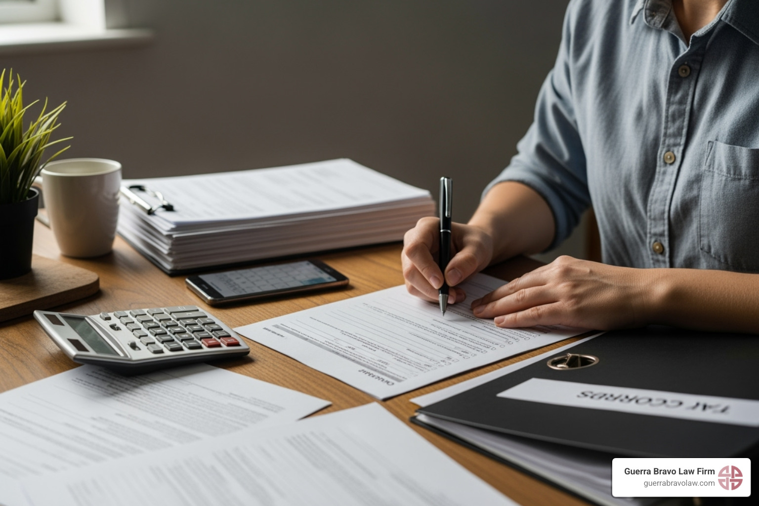 Persona llenando un formulario de USCIS con documentos y una calculadora - Perdones de inmigracion Persona llenando un formulario de USCIS con documentos y una calculadora - Perdones de inmigracion