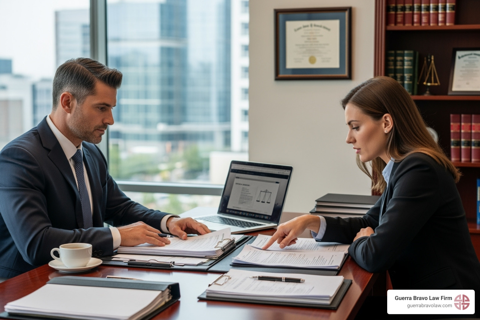 lawyer and client reviewing case file in office - removal defense lawyer lawyer and client reviewing case file in office - removal defense lawyer