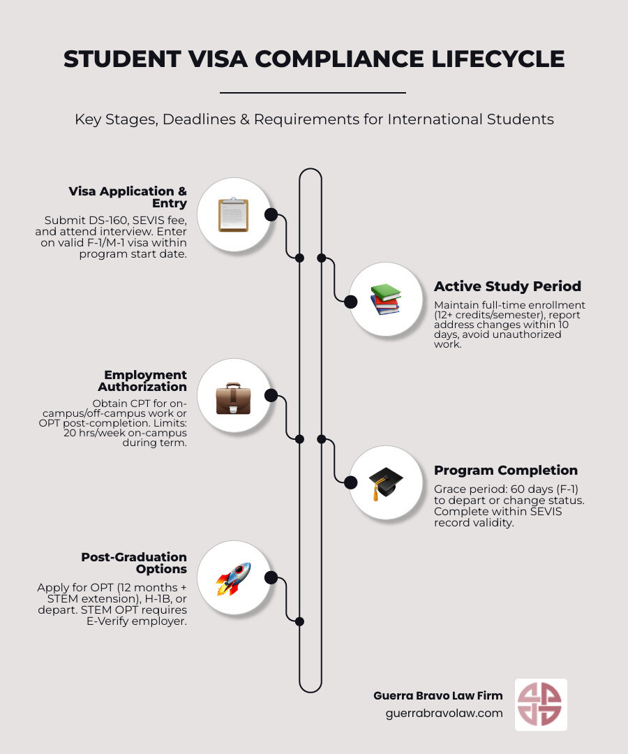 detailed infographic showing student visa compliance lifecycle from application and entry through active study period, employment authorization, program completion, and post-graduation options with key deadlines and requirements at each stage - student visa compliance infographic detailed infographic showing student visa compliance lifecycle from application and entry through active study period, employment authorization, program completion, and post-graduation options with key deadlines and requirements at each stage - student visa compliance infographic