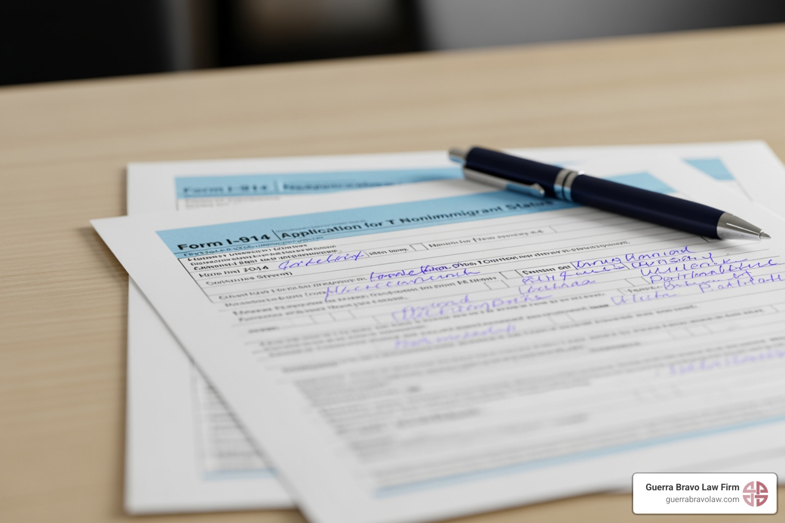 A blurred image of a partially completed Form I-914 application packet - T visa lawyer A blurred image of a partially completed Form I-914 application packet - T visa lawyer