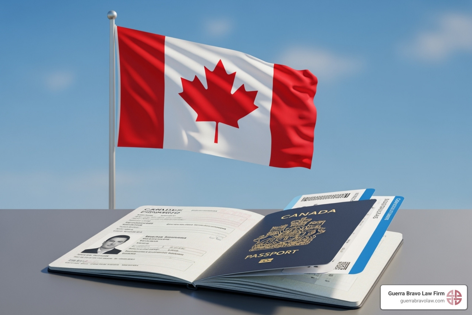 A vibrant Canadian flag waves proudly next to a passport, symbolizing international travel. - Tramites de visa A vibrant Canadian flag waves proudly next to a passport, symbolizing international travel. - Tramites de visa