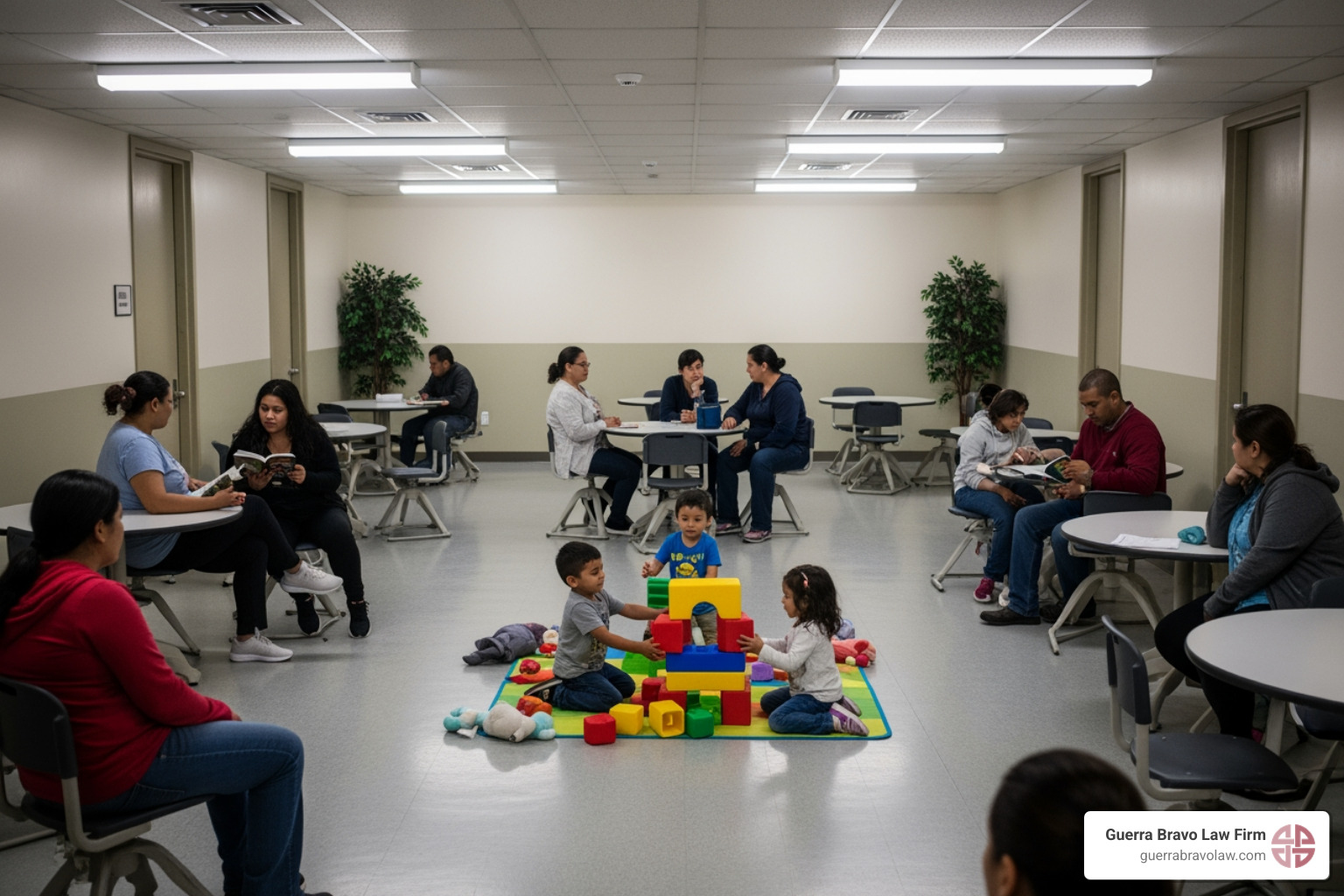 Common area inside a family detention facility, with families gathered - trump administration immigrant family detention resumption