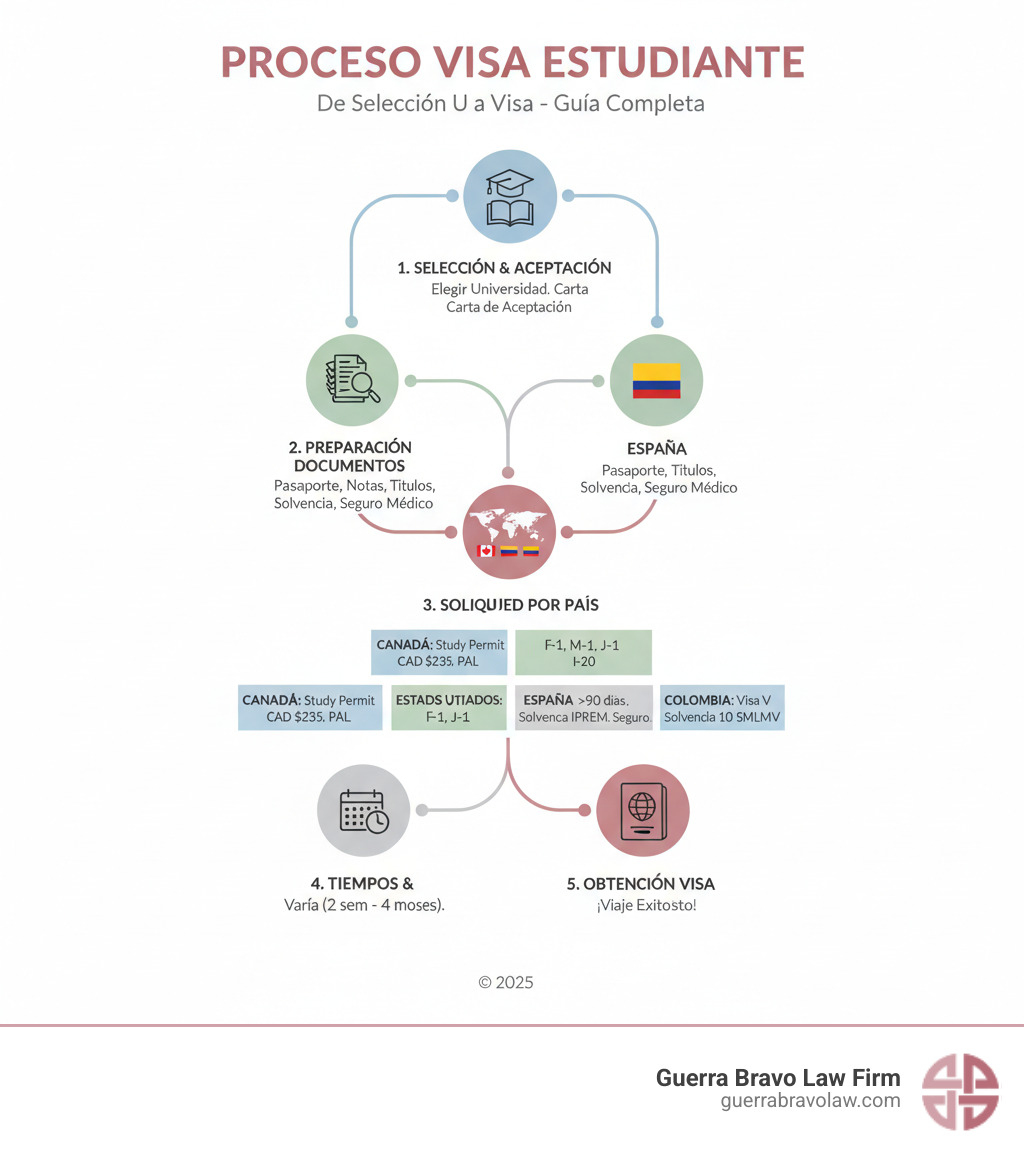 Proceso completo de solicitud de visa de estudiante desde la selección de universidad hasta la obtención de la visa, incluyendo documentos requeridos, costos, y tiempos de procesamiento para los principales países de destino - Visa de estudiante infographic Proceso completo de solicitud de visa de estudiante desde la selección de universidad hasta la obtención de la visa, incluyendo documentos requeridos, costos, y tiempos de procesamiento para los principales países de destino - Visa de estudiante infographic