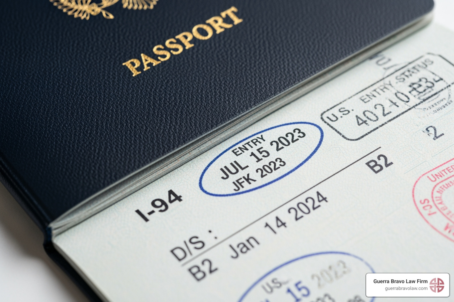 A close-up image of a passport page with a U.S. entry stamp and an I-94 annotation - visitor visa lawyer A close-up image of a passport page with a U.S. entry stamp and an I-94 annotation - visitor visa lawyer