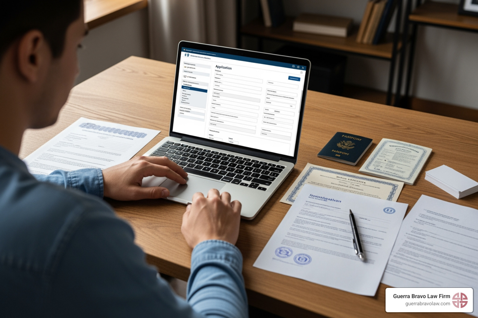 A person filling out an online application form (DS-160) on a laptop, with immigration documents scattered on the desk - visitor visa lawyer A person filling out an online application form (DS-160) on a laptop, with immigration documents scattered on the desk - visitor visa lawyer